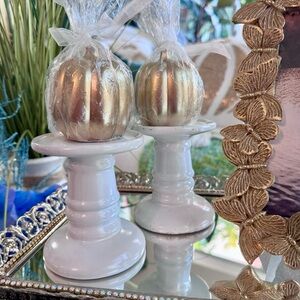 New! White Ceramic Candle Holders  + Gold Pumpkin Candles